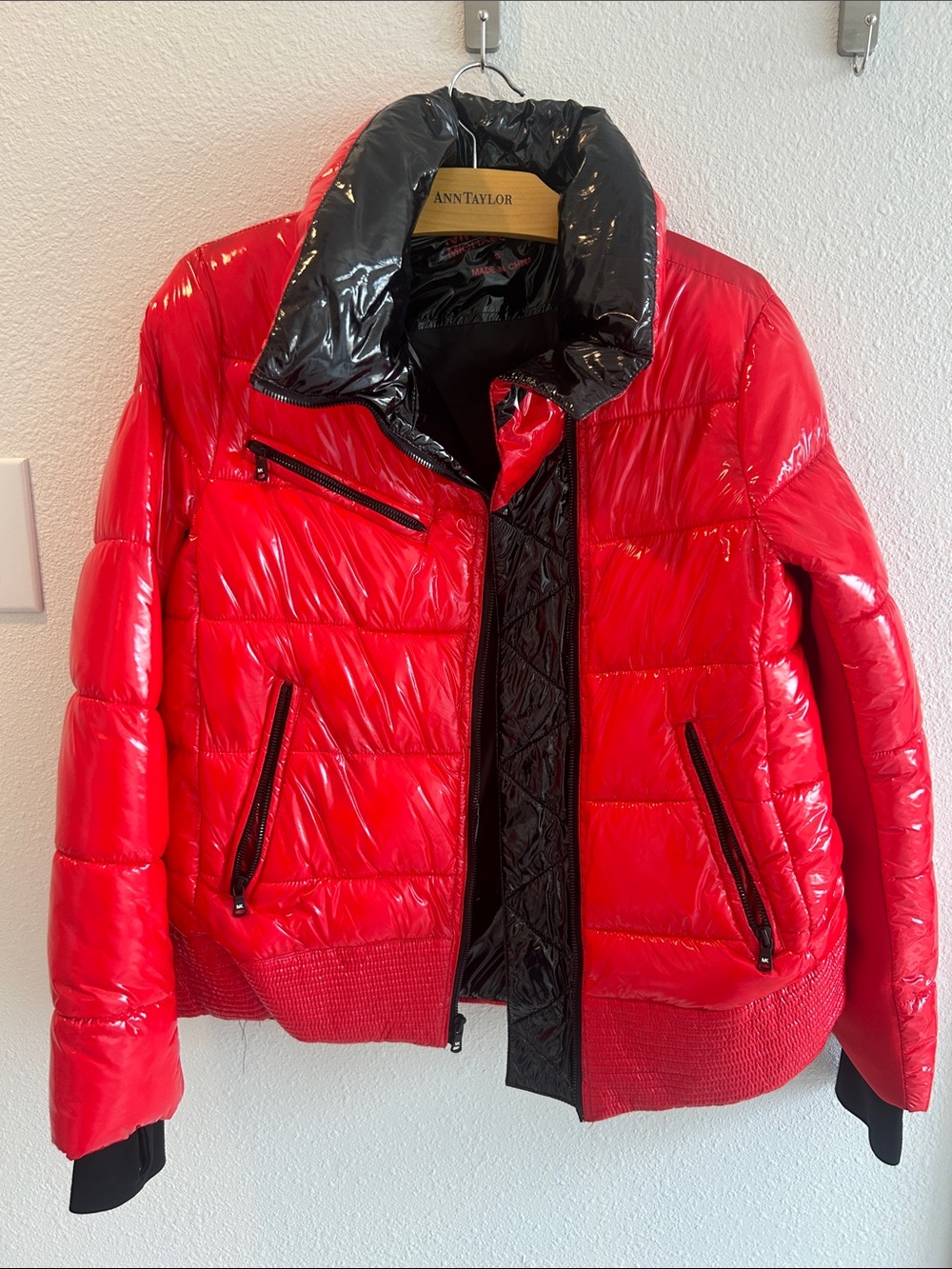 Michael Kors Glossy Red Puffer Jacket with Black Contrast